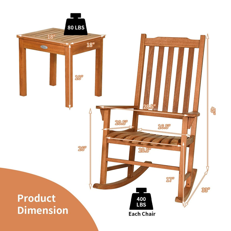 *3 Pieces Eucalyptus Rocking Chair Set with Coffee Table