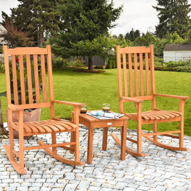 *3 Pieces Eucalyptus Rocking Chair Set with Coffee Table
