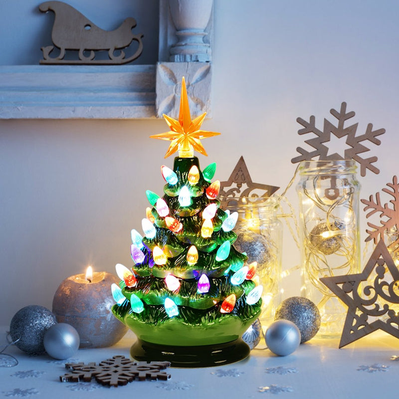 9.5 inch Prelit Hand-Painted Ceramic Battery Powered Christmas Tree