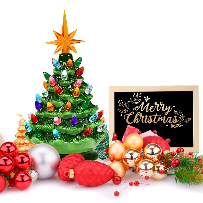9.5 inch Prelit Hand-Painted Ceramic Battery Powered Christmas Tree