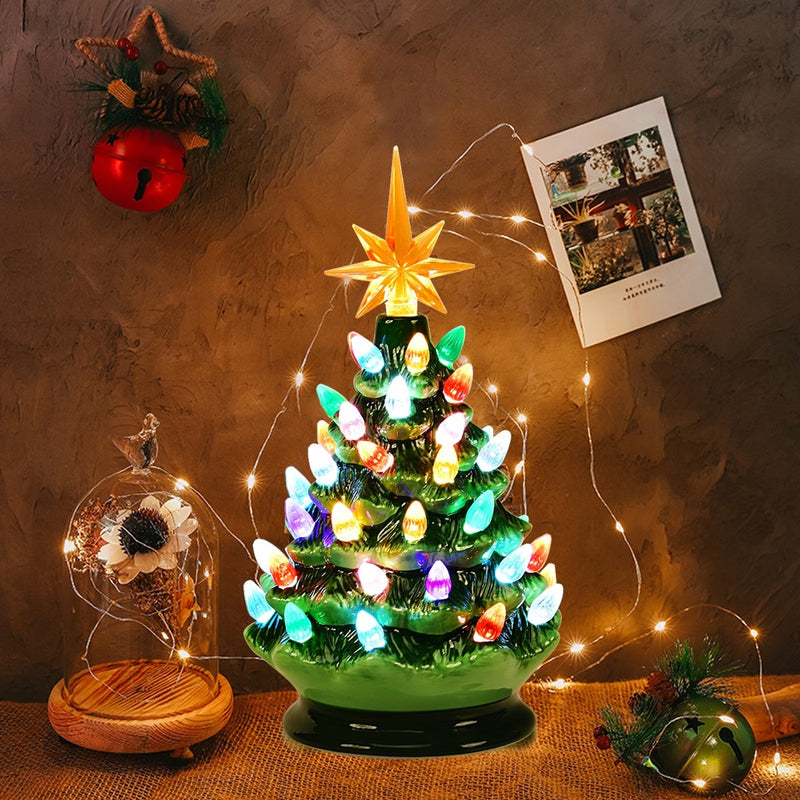 9.5 inch Prelit Hand-Painted Ceramic Battery Powered Christmas Tree