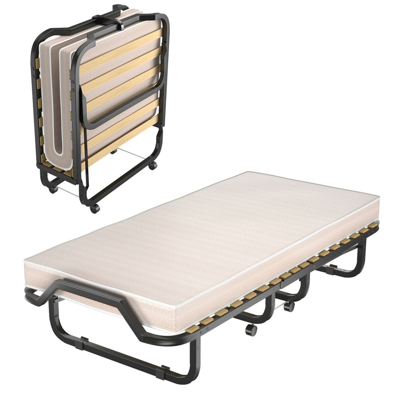 *Rollaway Guest Bed with Sturdy Steel Frame and Memory Foam Mattress Made in Italy - Beige