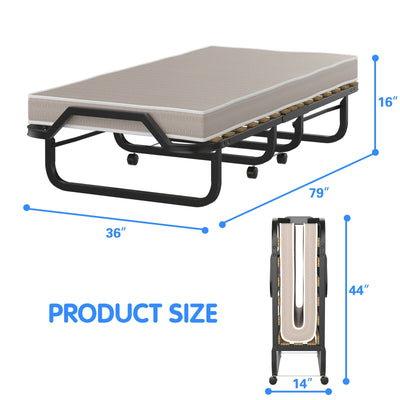 *Rollaway Guest Bed with Sturdy Steel Frame and Memory Foam Mattress Made in Italy - Beige