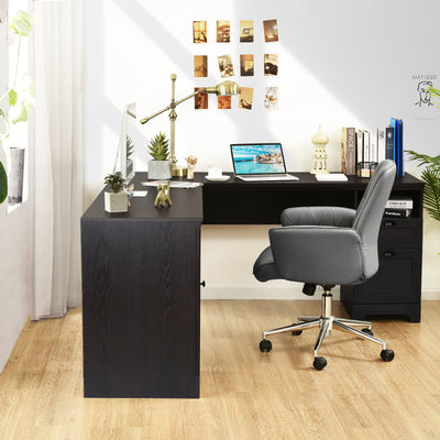 66 Inch L-Shaped Writing Study Workstation Computer Desk with Drawers-Coffee