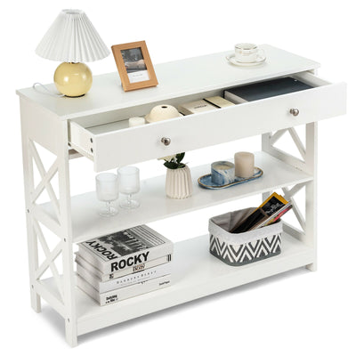 *Console Table 3-Tier with Drawer and Storage Shelves - White