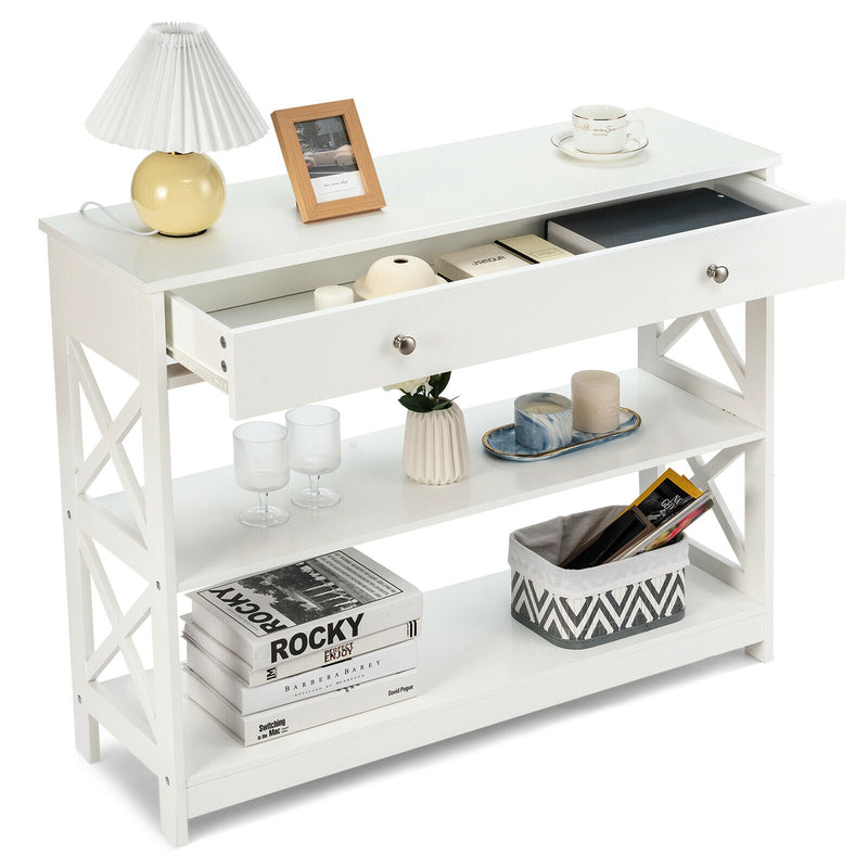 *Console Table 3-Tier with Drawer and Storage Shelves - White