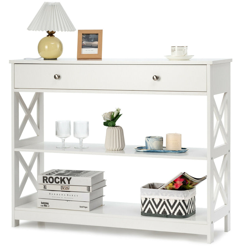 *Console Table 3-Tier with Drawer and Storage Shelves - White