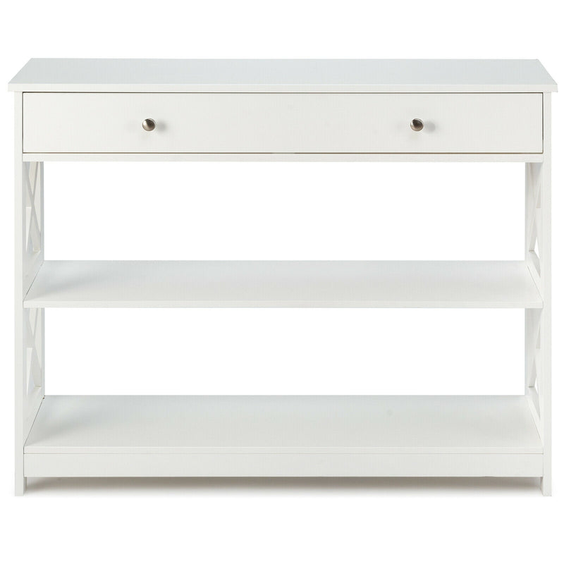 *Console Table 3-Tier with Drawer and Storage Shelves - White