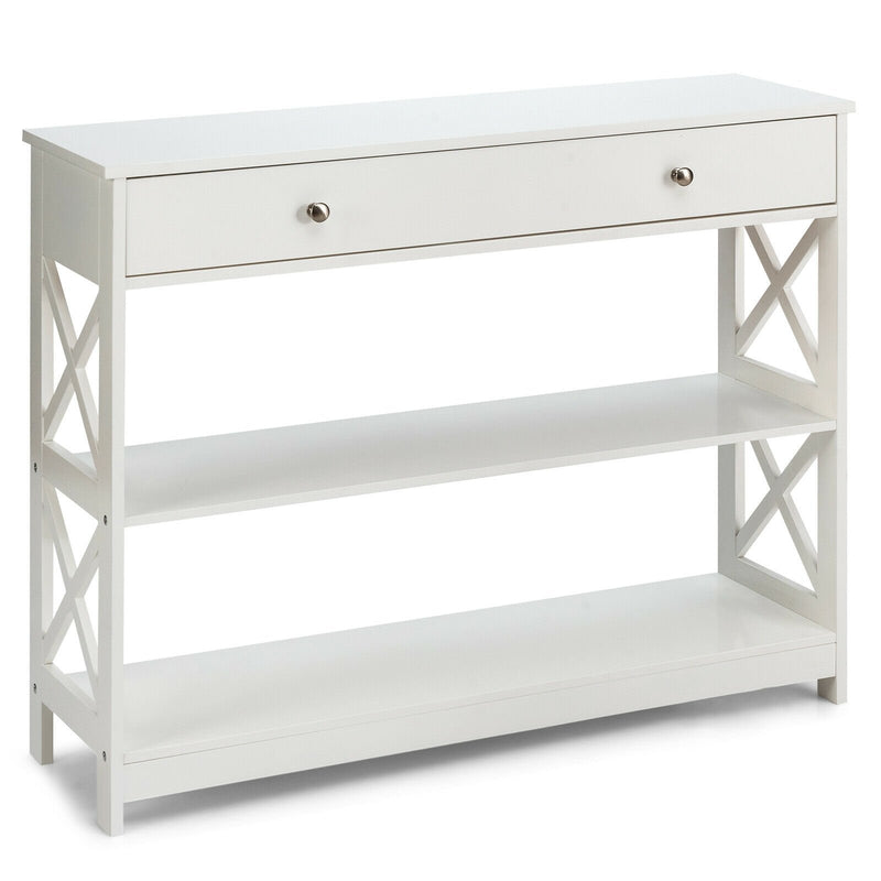 *Console Table 3-Tier with Drawer and Storage Shelves - White