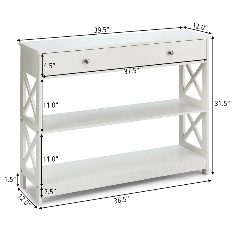 *Console Table 3-Tier with Drawer and Storage Shelves - White