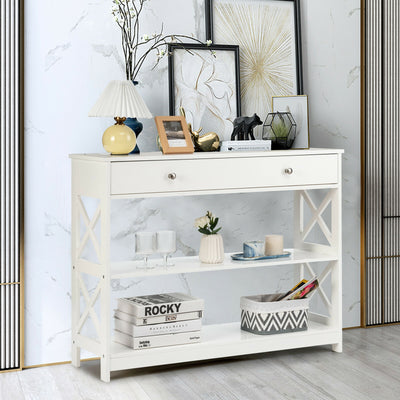 *Console Table 3-Tier with Drawer and Storage Shelves - White