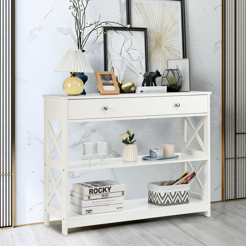 *Console Table 3-Tier with Drawer and Storage Shelves - White