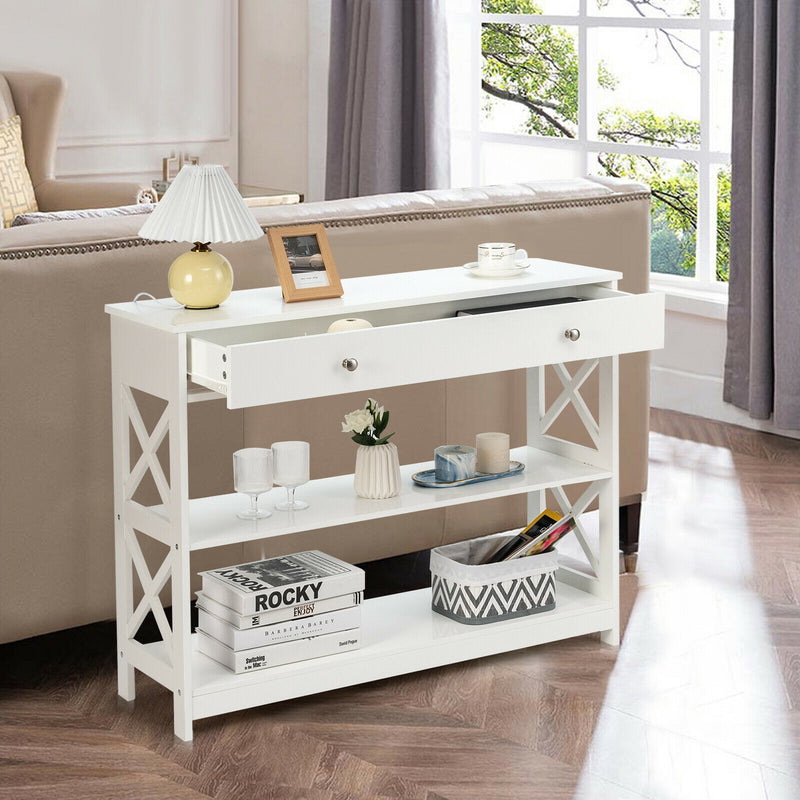 *Console Table 3-Tier with Drawer and Storage Shelves - White