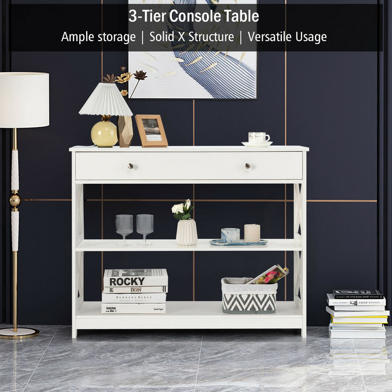 *Console Table 3-Tier with Drawer and Storage Shelves - White