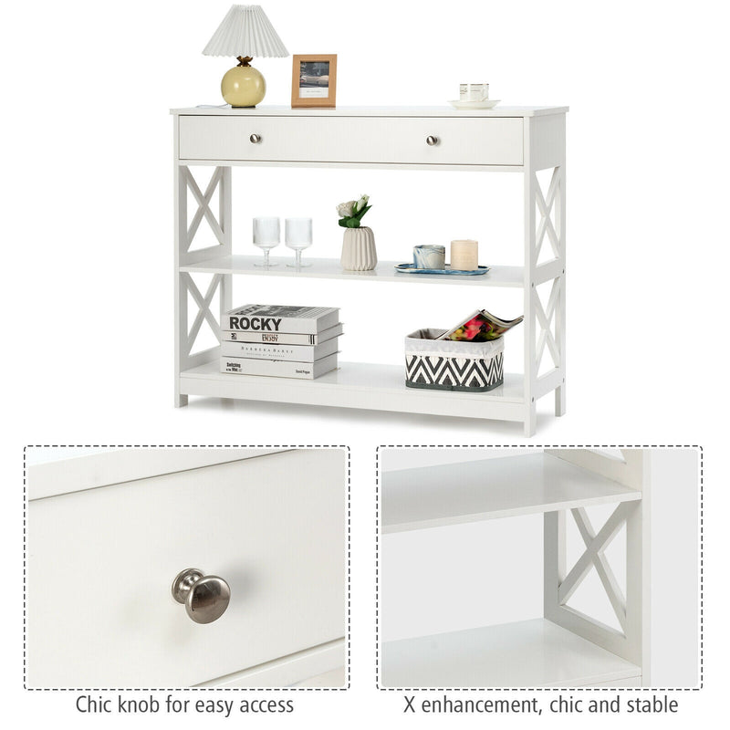 *Console Table 3-Tier with Drawer and Storage Shelves - White