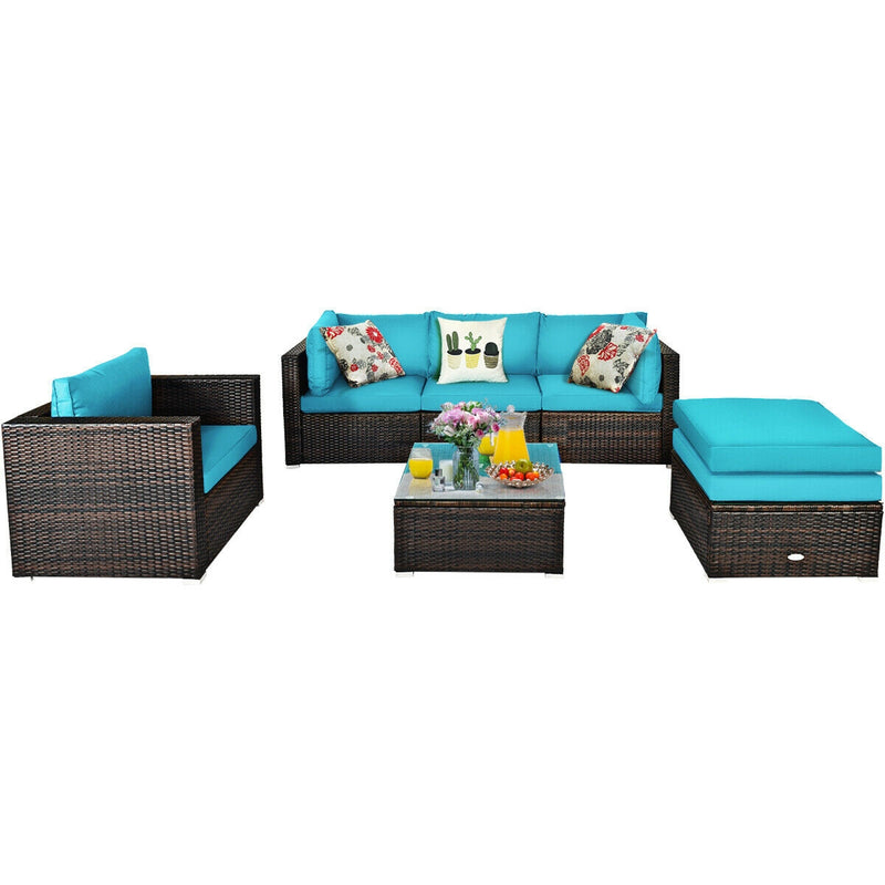 *6 Pieces Patio Rattan Furniture Set with Cushions - Turquoise