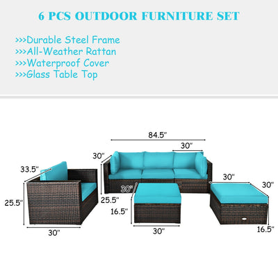 *6 Pieces Patio Rattan Furniture Set with Cushions - Turquoise
