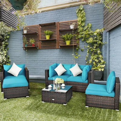 *6 Pieces Patio Rattan Furniture Set with Cushions - Turquoise