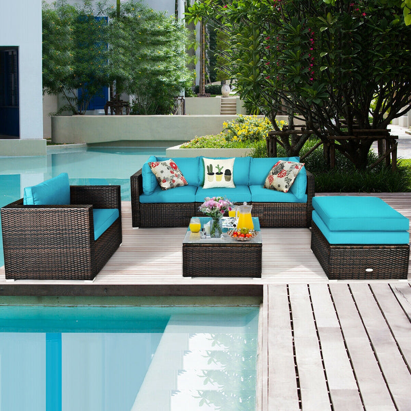 *6 Pieces Patio Rattan Furniture Set with Cushions - Turquoise