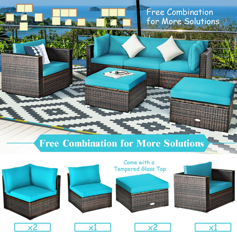 *6 Pieces Patio Rattan Furniture Set with Cushions - Turquoise
