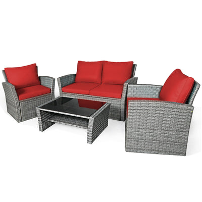 *4 Pieces Patio Rattan Furniture Set Sofa Table with Storage Shelf Cushion - Red