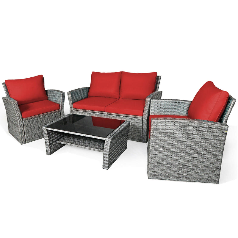 *4 Pieces Patio Rattan Furniture Set Sofa Table with Storage Shelf Cushion - Red