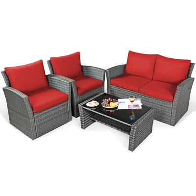 *4 Pieces Patio Rattan Furniture Set Sofa Table with Storage Shelf Cushion - Red