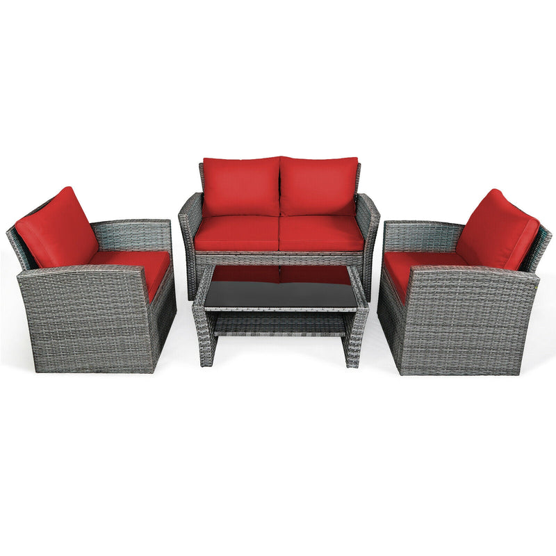 *4 Pieces Patio Rattan Furniture Set Sofa Table with Storage Shelf Cushion - Red