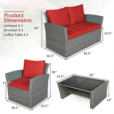 *4 Pieces Patio Rattan Furniture Set Sofa Table with Storage Shelf Cushion - Red
