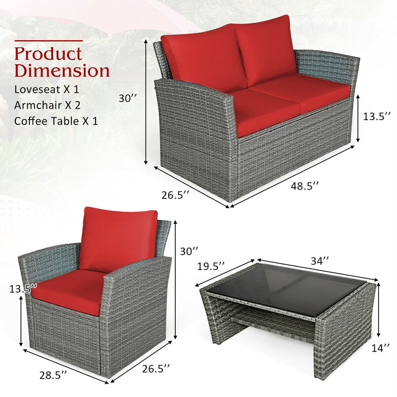 *4 Pieces Patio Rattan Furniture Set Sofa Table with Storage Shelf Cushion - Red