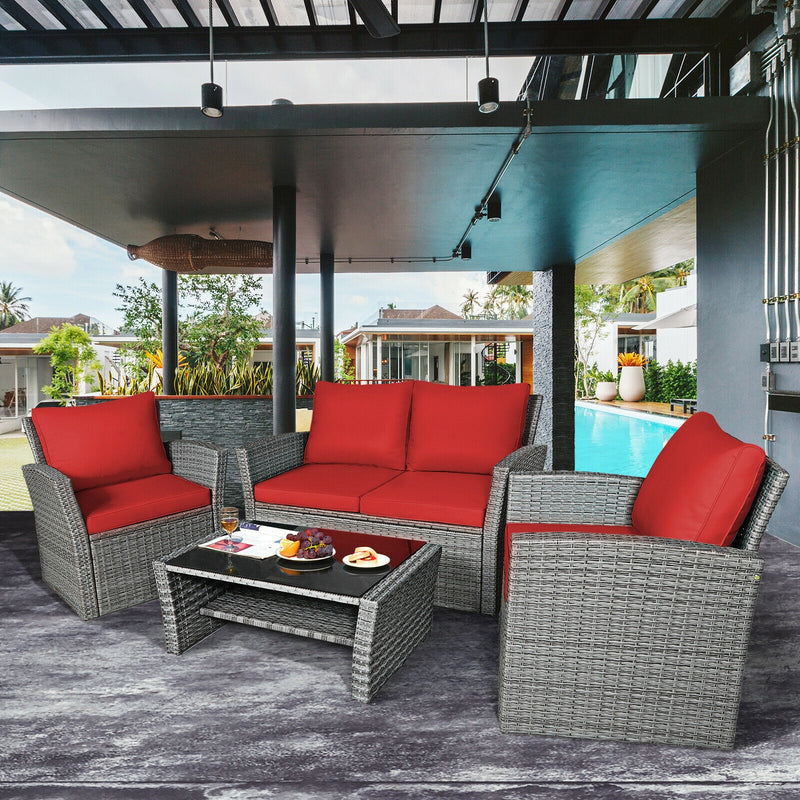 *4 Pieces Patio Rattan Furniture Set Sofa Table with Storage Shelf Cushion - Red
