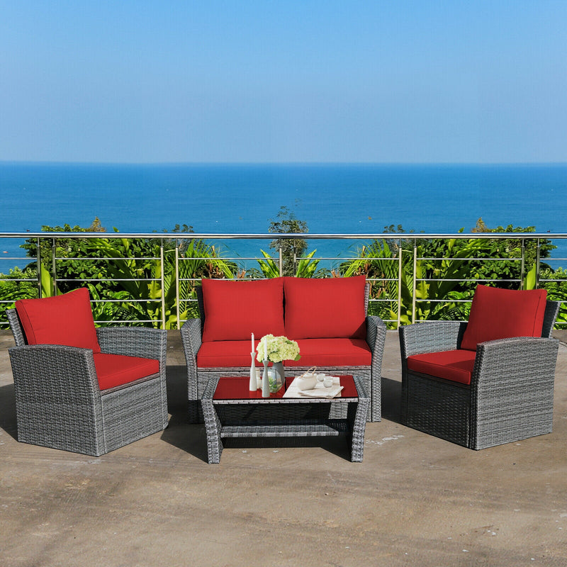 *4 Pieces Patio Rattan Furniture Set Sofa Table with Storage Shelf Cushion - Red