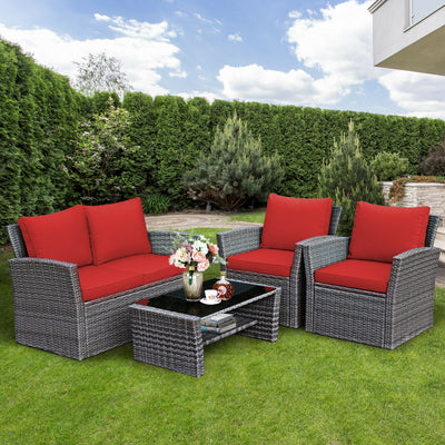 *4 Pieces Patio Rattan Furniture Set Sofa Table with Storage Shelf Cushion - Red