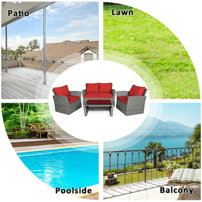 *4 Pieces Patio Rattan Furniture Set Sofa Table with Storage Shelf Cushion - Red