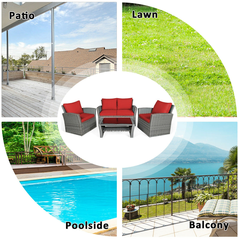 *4 Pieces Patio Rattan Furniture Set Sofa Table with Storage Shelf Cushion - Red