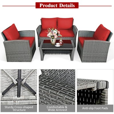 *4 Pieces Patio Rattan Furniture Set Sofa Table with Storage Shelf Cushion - Red