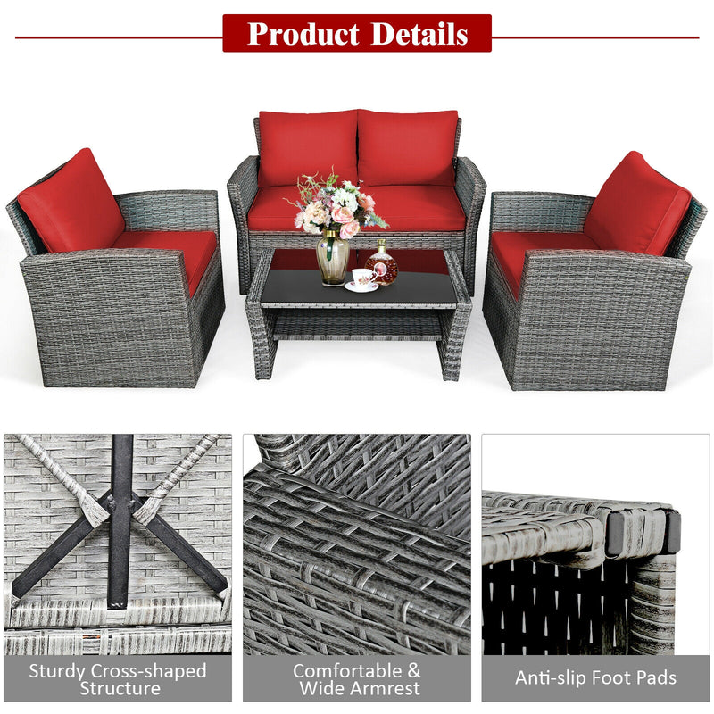 *4 Pieces Patio Rattan Furniture Set Sofa Table with Storage Shelf Cushion - Red