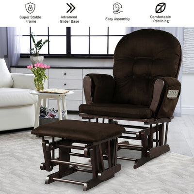 *Wood Glider and Ottoman Set with Padded Armrests and Detachable Cushion - Brown
