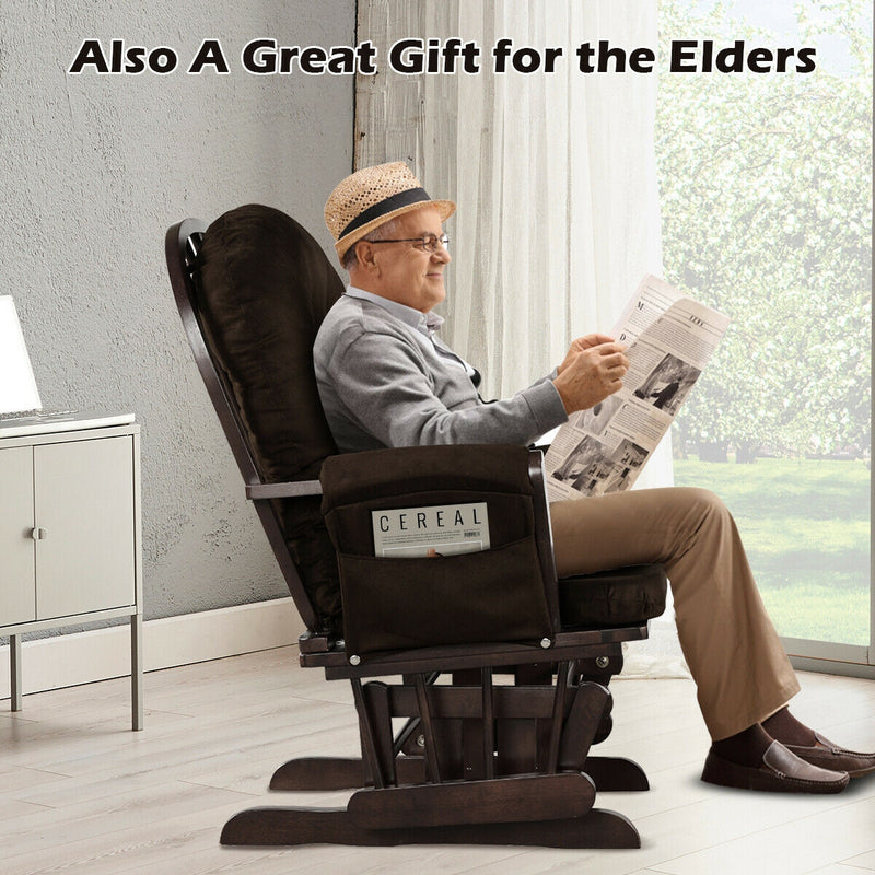 *Wood Glider and Ottoman Set with Padded Armrests and Detachable Cushion - Brown