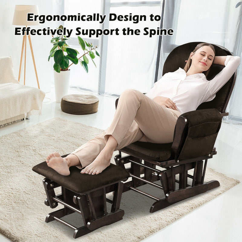*Wood Glider and Ottoman Set with Padded Armrests and Detachable Cushion - Brown