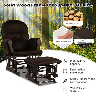 *Wood Glider and Ottoman Set with Padded Armrests and Detachable Cushion - Brown