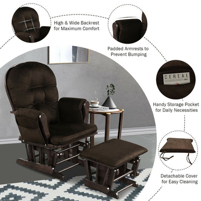 *Wood Glider and Ottoman Set with Padded Armrests and Detachable Cushion - Brown