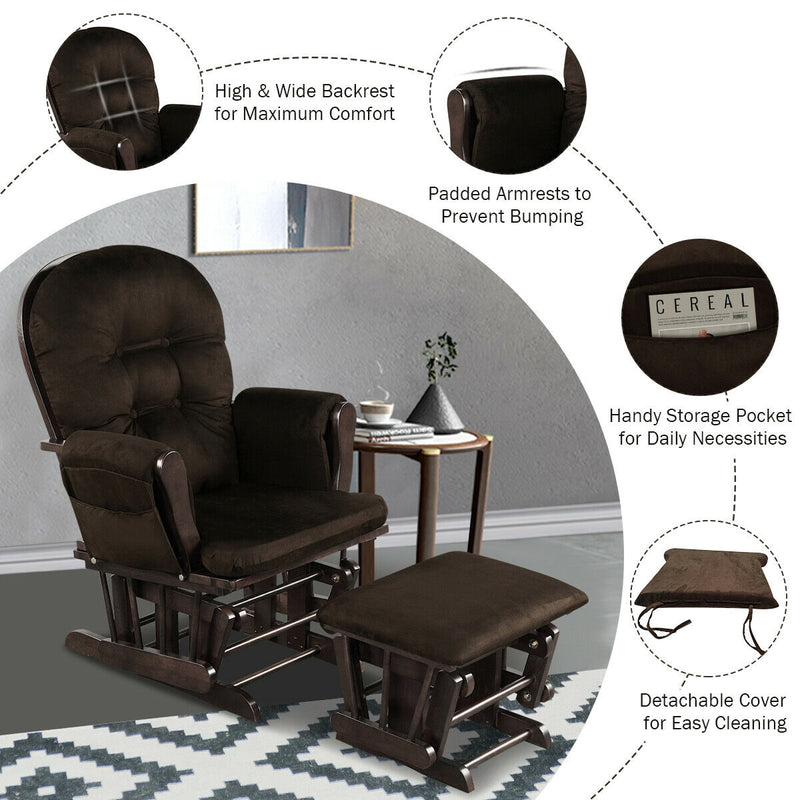 *Wood Glider and Ottoman Set with Padded Armrests and Detachable Cushion - Brown