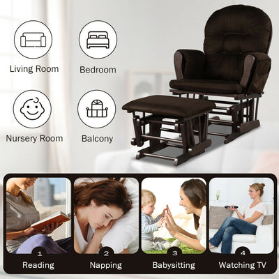 *Wood Glider and Ottoman Set with Padded Armrests and Detachable Cushion - Brown