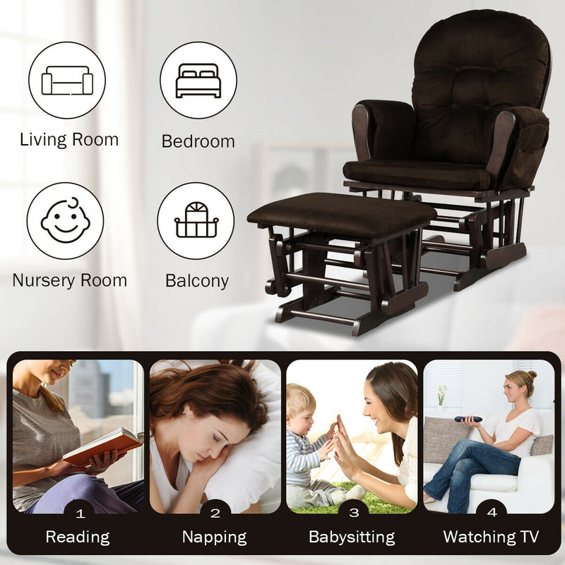 *Wood Glider and Ottoman Set with Padded Armrests and Detachable Cushion - Brown