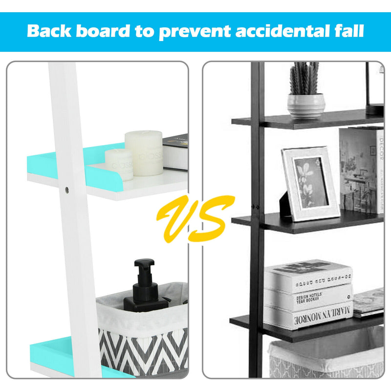5-Tier Wall-leaning Ladder Shelf Display Rack for Plants and Books-White