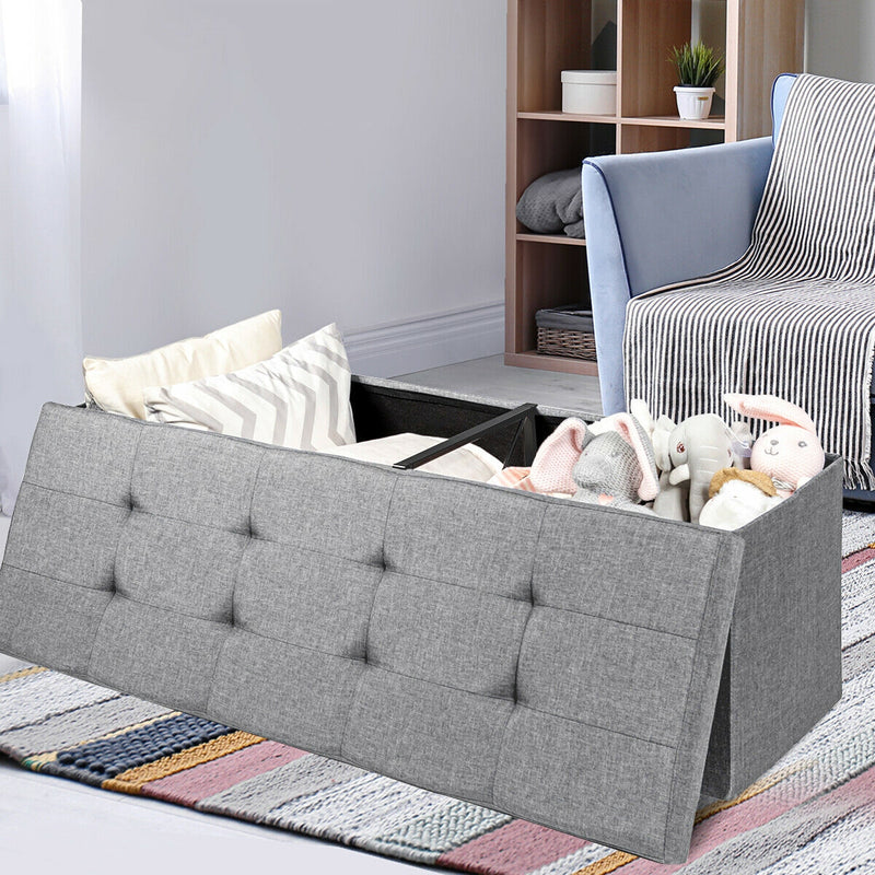 *Large Fabric Folding Storage Chest with Smart lift Divider Bed End Ottoman Bench - Light Gray