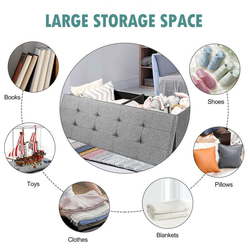 *Large Fabric Folding Storage Chest with Smart lift Divider Bed End Ottoman Bench - Light Gray