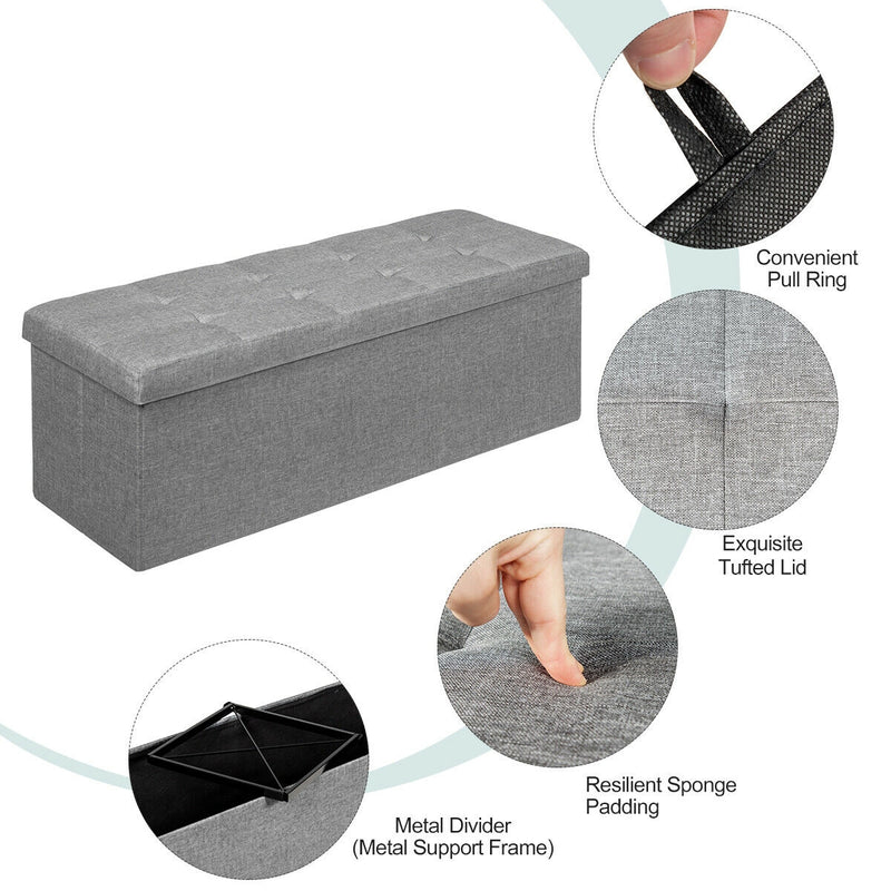 *Large Fabric Folding Storage Chest with Smart lift Divider Bed End Ottoman Bench - Light Gray