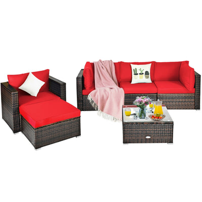 6 Pieces Patio Rattan Furniture Set with sectional cushion - Red